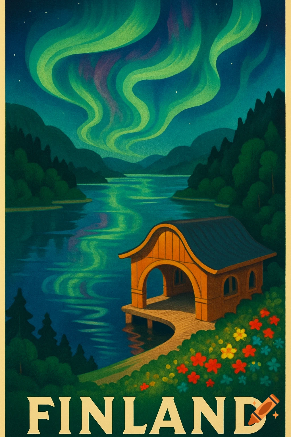 A colorful vintage travel poster for Finland, featuring a boathouse on a lake under the Northern Lights and mountains.