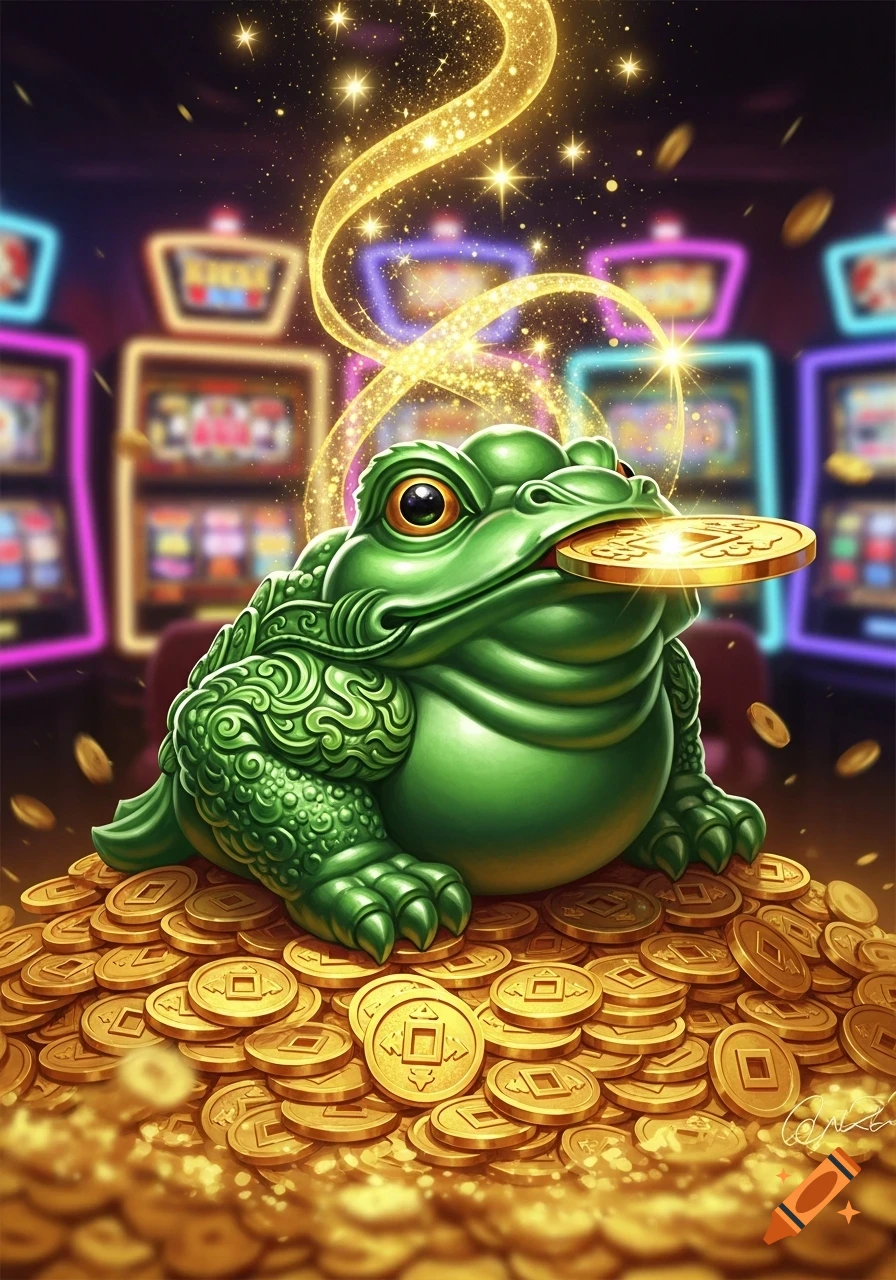 A vibrant, highly detailed jade Lucky Toad sits on a pile of gold coins, holding one in its mouth, with magical golden energy radiating upwards in a blurred casino background with slot machines.