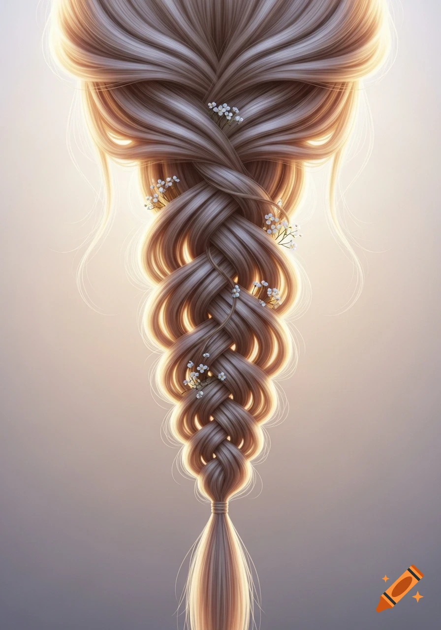 An intricately braided brown hairstyle with glowing highlights and small white flowers woven into it.