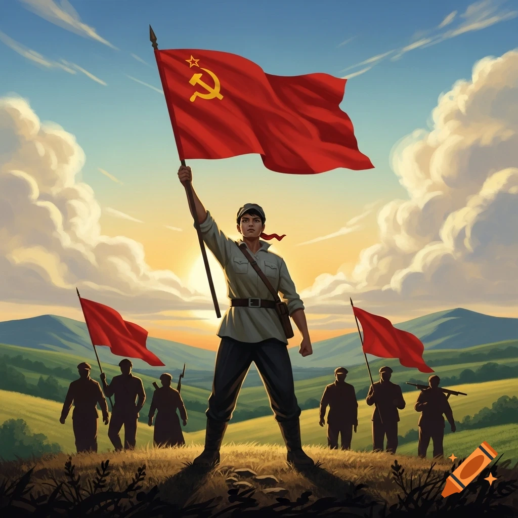 A person in military-style clothing stands on a hill holding a large red flag with a gold hammer and sickle and star against a sunset sky, with silhouetted figures carrying flags and rifles in the background, in a propaganda art style.