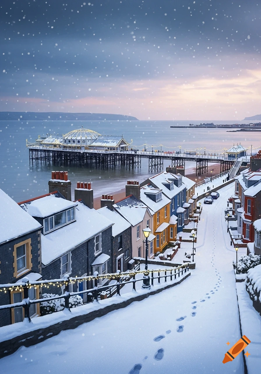 Snowy street with colorful houses leading to a decorated pier over the sea at dusk.
