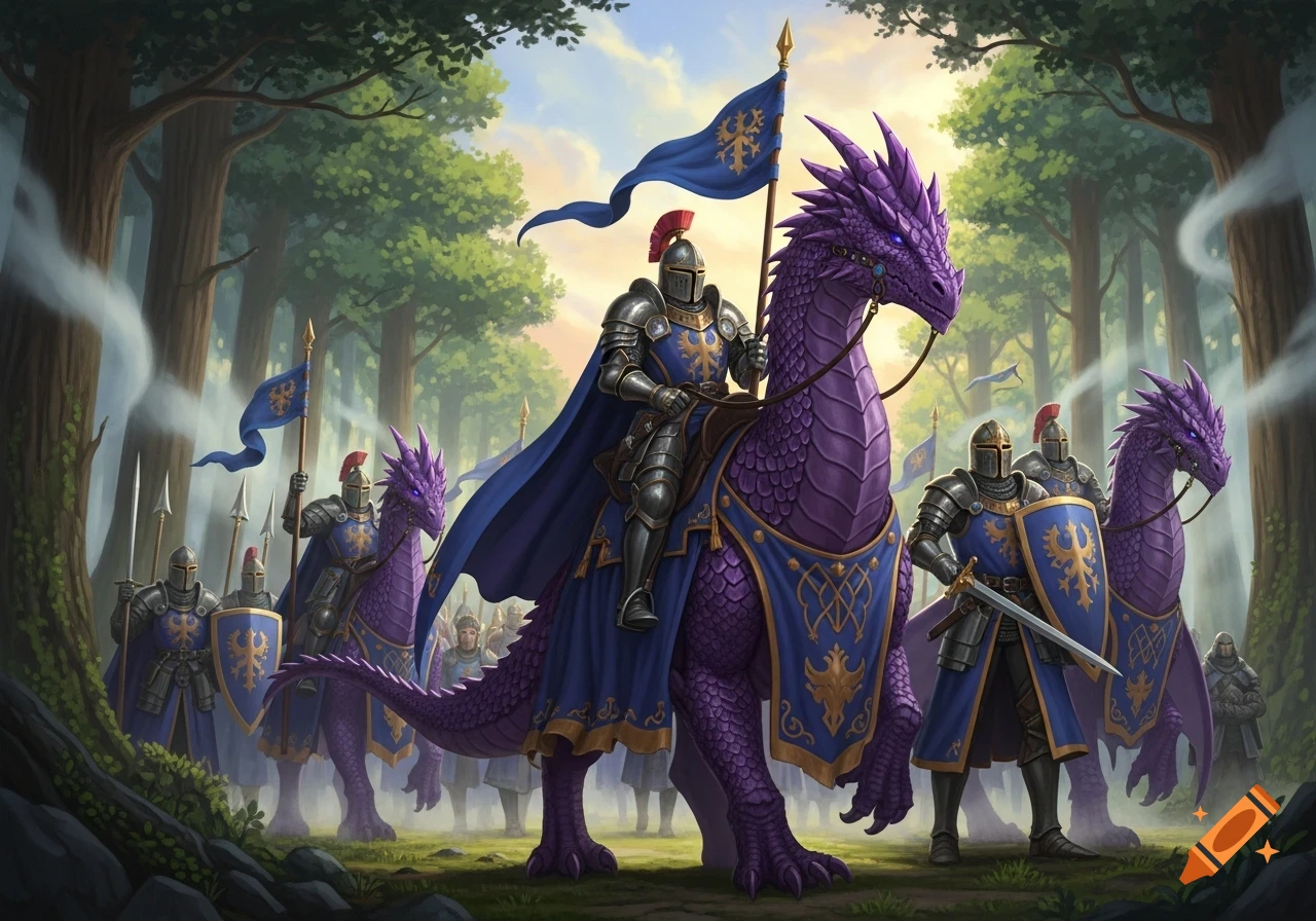 Knights in full armor ride majestic purple dragons, carrying flags and shields, marching through a sunlit forest in a D&D fantasy art style.