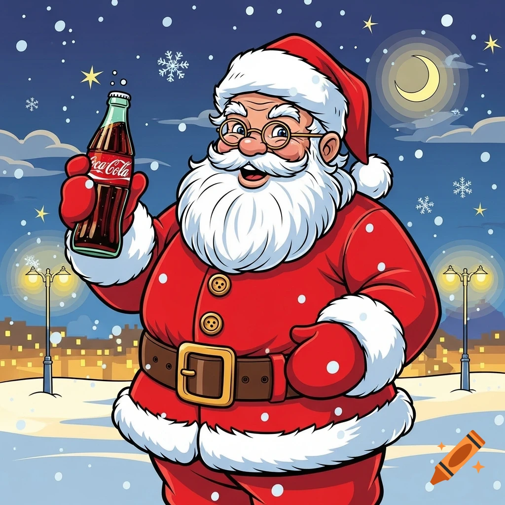 Cartoon Santa Claus in a snowy town at night, holding a Coca-Cola bottle.