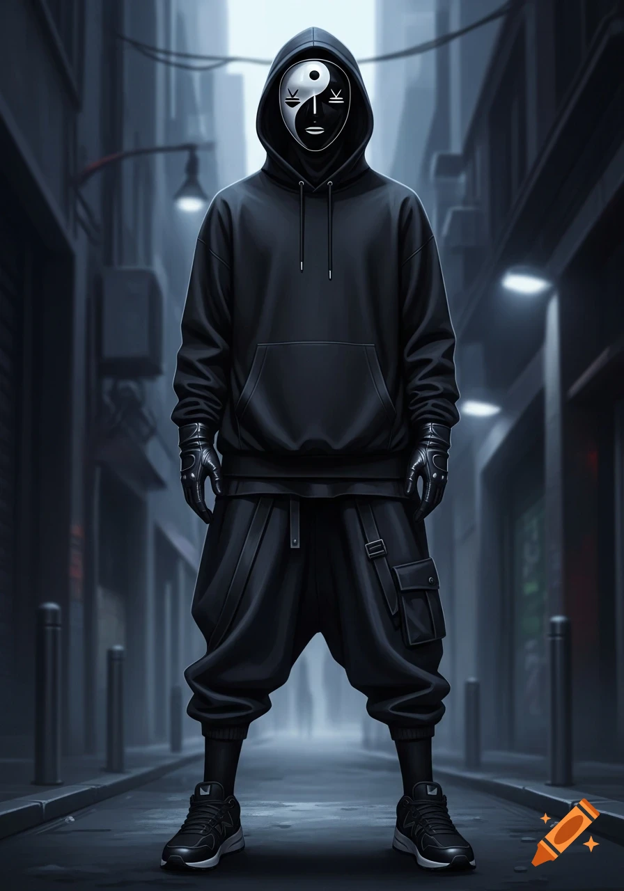 A full-body shot of a mysterious figure in a dark alley, wearing all black streetwear, a hooded sweatshirt, gloves, and a mask with a stylized Yin-Yang symbol.