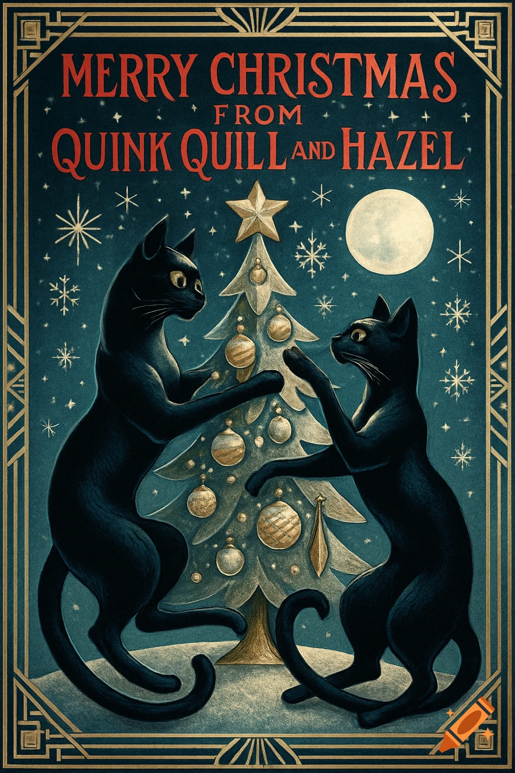 Art Deco Christmas card with two black cats by a decorated tree under a starry night. Text: Merry Christmas from Quink Quill and Hazel.