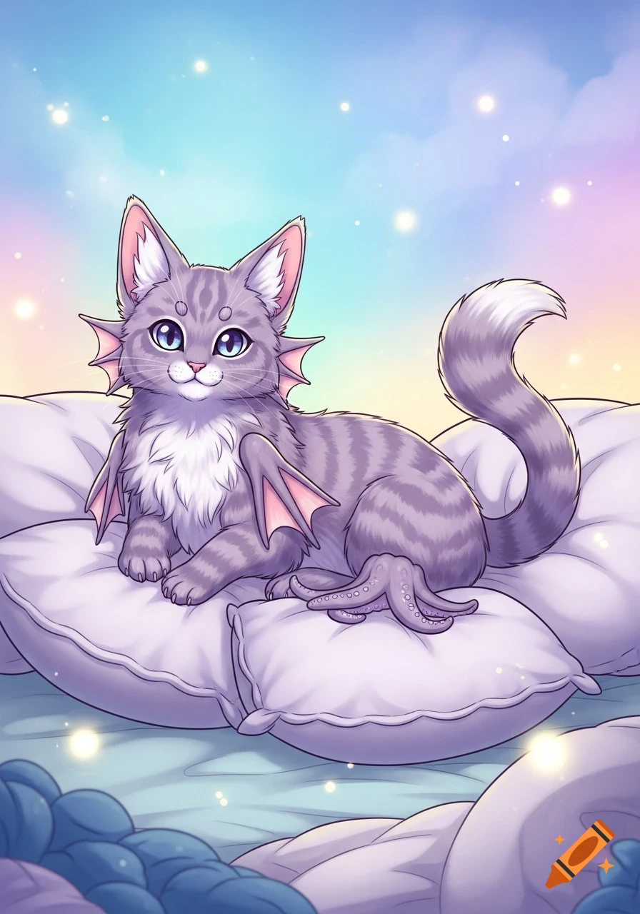 A cute lavender and gray striped cat-like creature with fins, small bat wings, and octopus tentacles lies on white pillows in a pastel, star-filled sky.