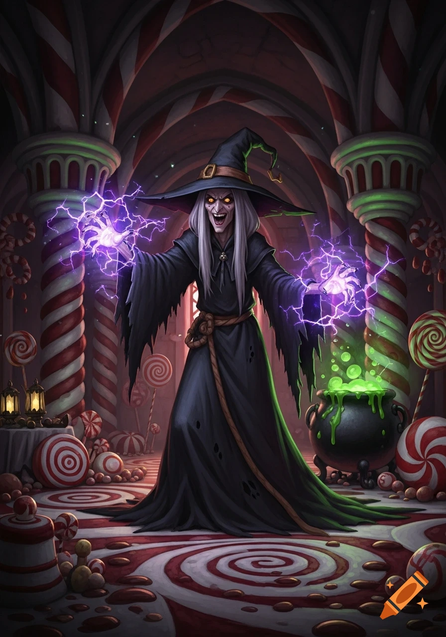 A wicked witch with glowing eyes casts a purple electric spell in a gothic candy room with a bubbling green cauldron.
