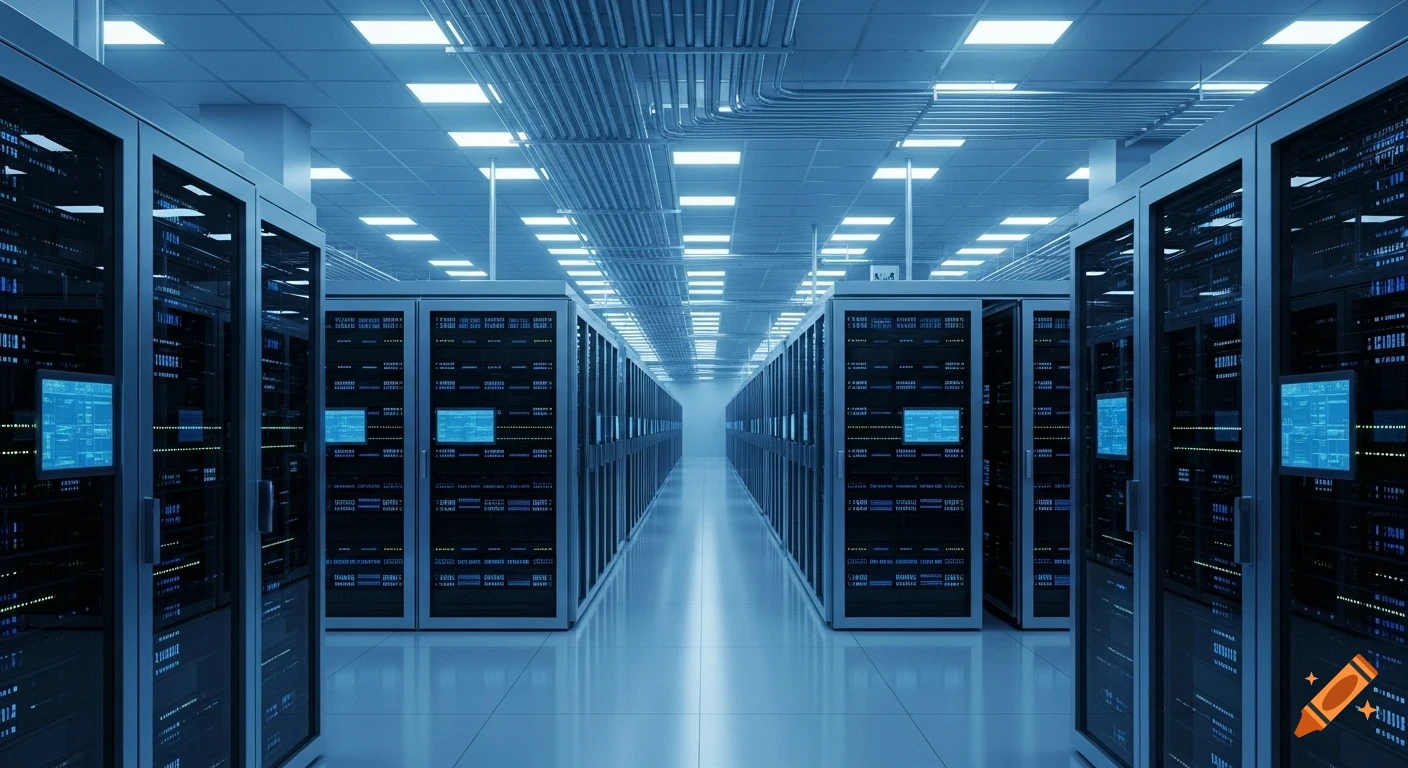A long, futuristic data center aisle with rows of dark server racks, illuminated by cool blue light from overhead panels and screen displays.