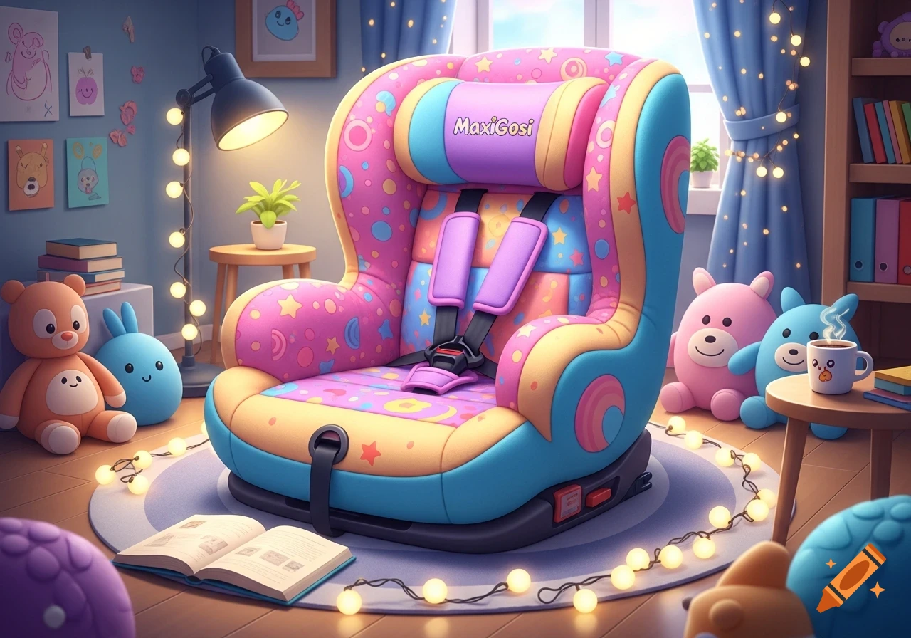 A colorful, whimsical child's car seat with 'MaxiGosi' on the headrest, surrounded by stuffed animals and fairy lights in a cozy nursery.