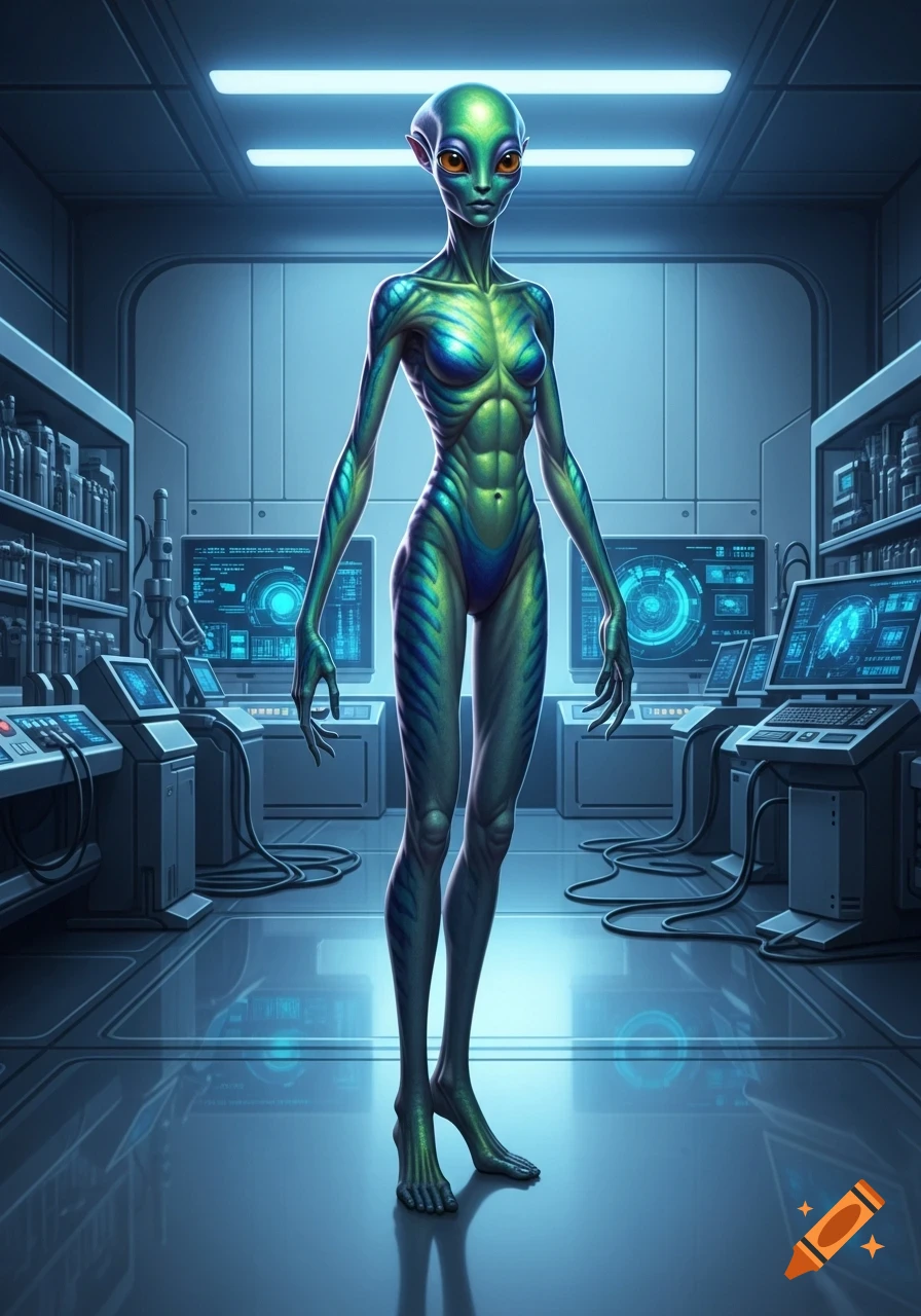 A tall, slender green and blue alien with large orange eyes stands in a futuristic laboratory filled with computer screens.