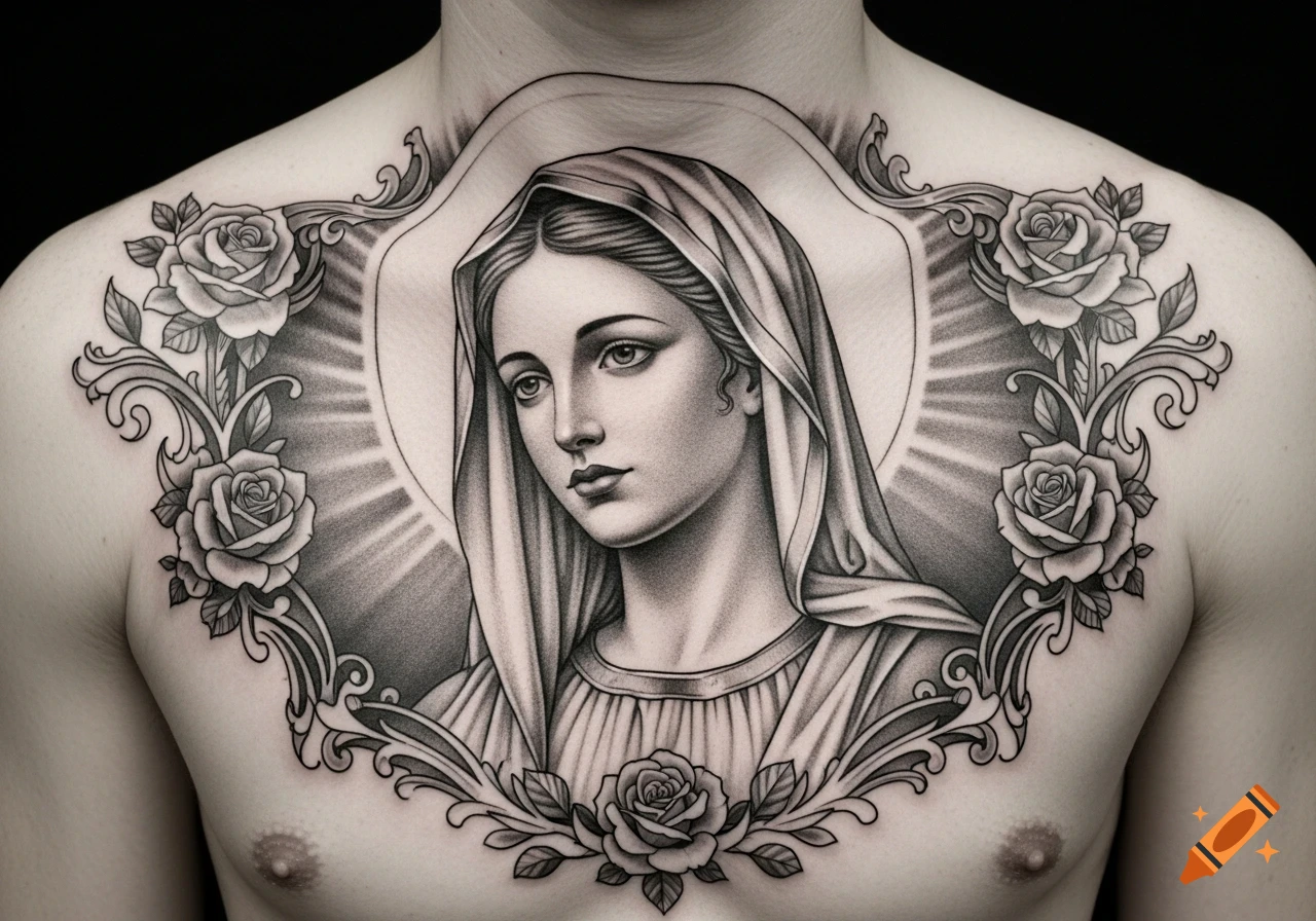 Grayscale tattoo of Mother Mary with a halo, surrounded by an ornate frame and roses, on a person's chest.
