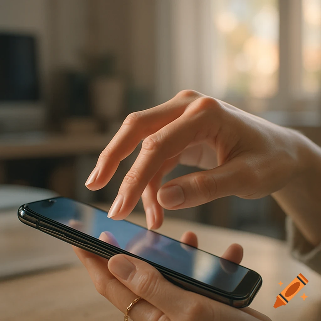 Close-up of a person's hands tapping on a smartphone screen in a bright, indoor setting.