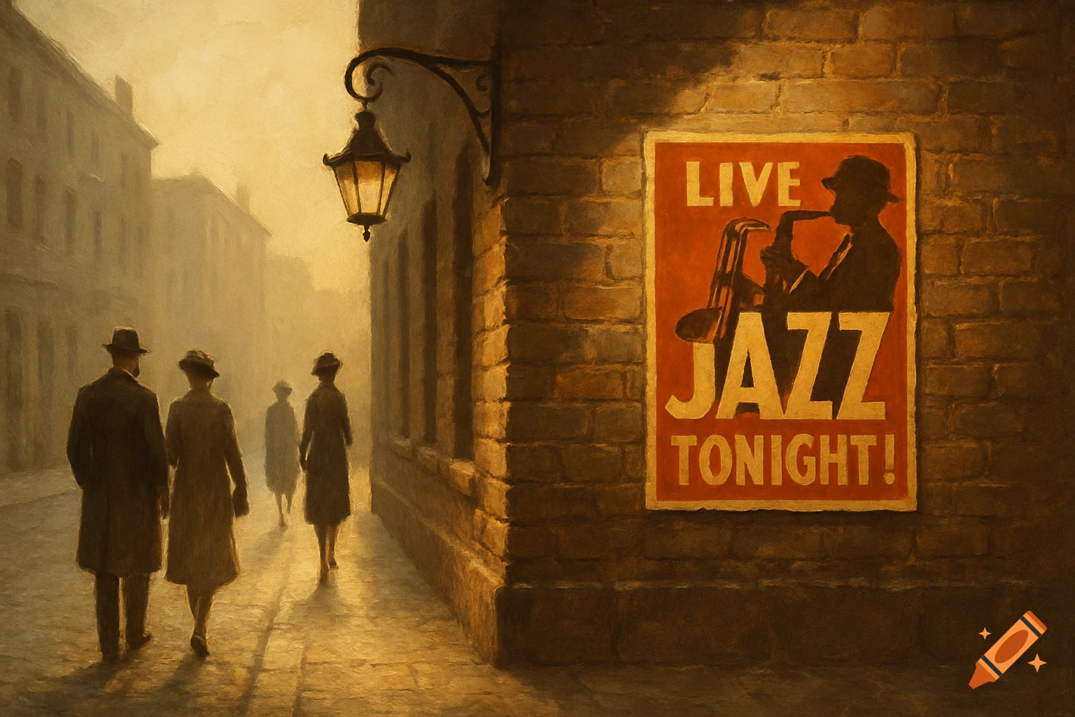 Vintage style painting of people walking on a misty 1920s street past a brick building with a glowing lantern and a 'LIVE JAZZ TONIGHT!' poster.
