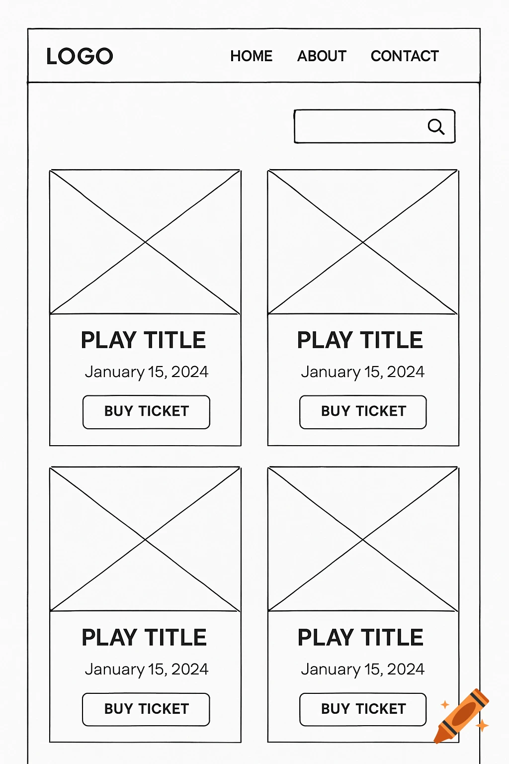 Black-and-white wireframe for a theater playbill website, featuring a logo, navigation, search bar, and four play cards with titles, dates, and 'Buy Ticket' buttons.
