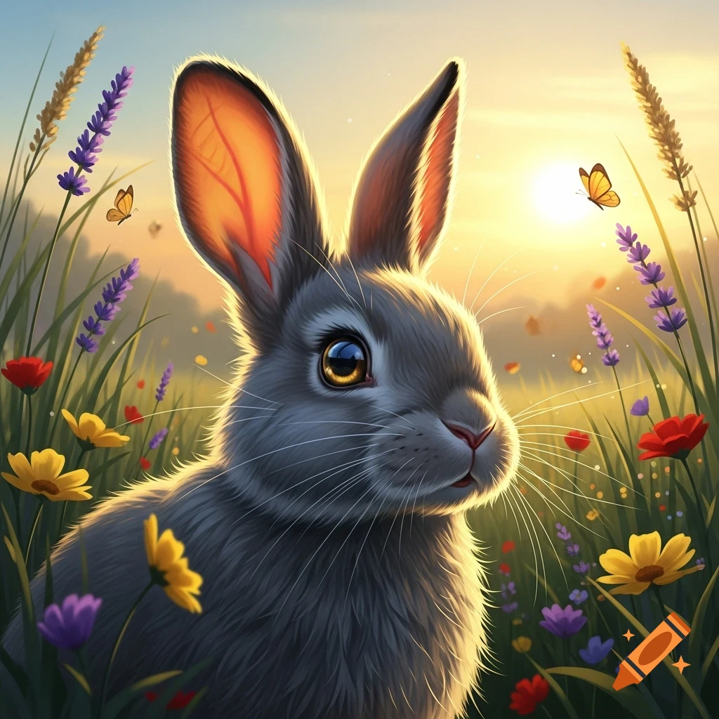 A cute gray rabbit with large eyes sits among colorful wildflowers and ...