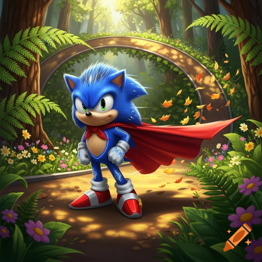 Sonic the Hedgehog wearing a red cape stands on a sun-dappled forest path, surrounded by vibrant greenery, ferns, and wildflowers.