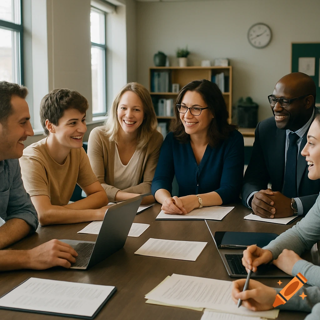 Diverse group of smiling people in a bright, modern room, sitting around a table with laptops and documents, engaged in a collaborative meeting.