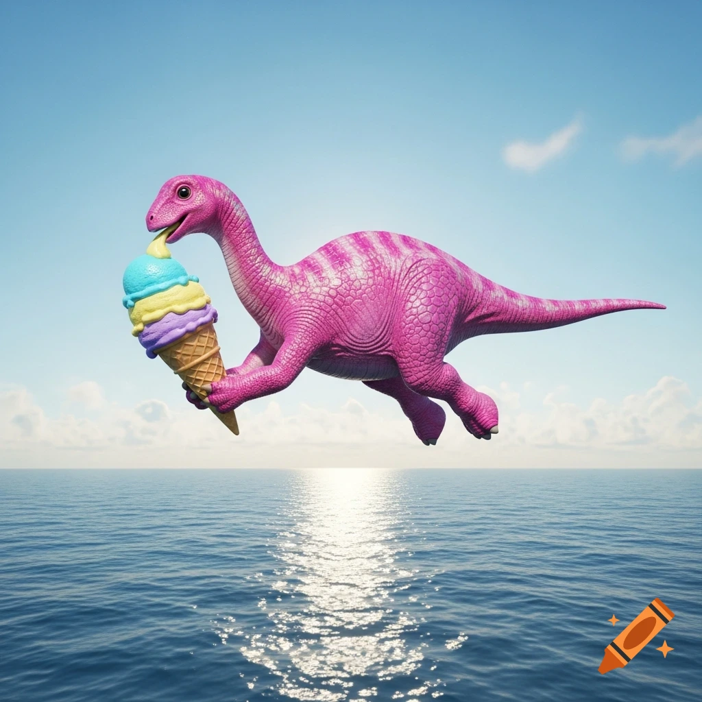 A vibrant pink dinosaur with a textured body flies above a calm blue ocean under a clear sky, happily eating a colorful, multi-scoop ice cream cone.