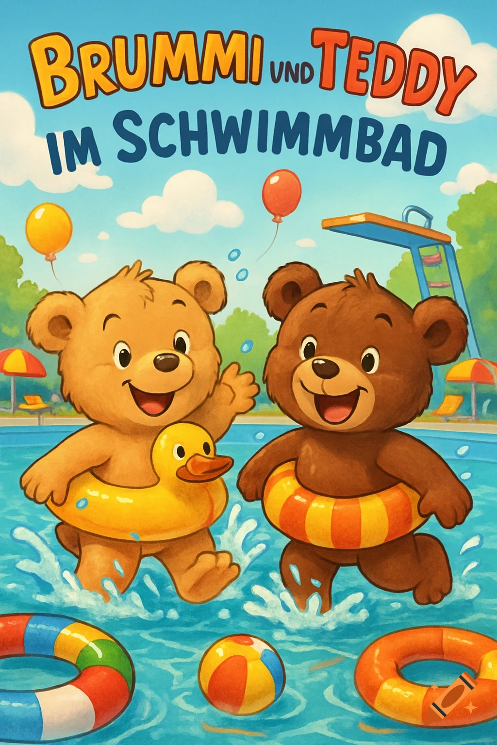 Two happy cartoon teddy bears, Brummi and Teddy, play in a sunny swimming pool with floats. Text reads "BRUMMI UND TEDDY IM SCHWIMMBAD".