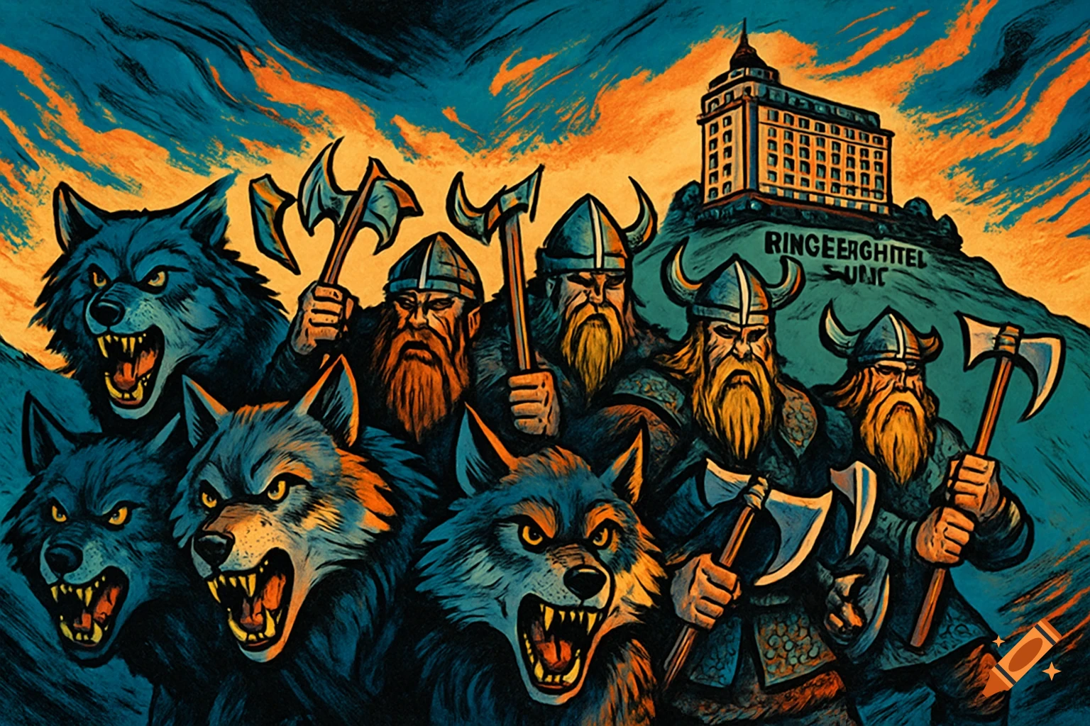 Comic illustration of angry wolves and axe-wielding Vikings on a hill, with a large hotel in the background.