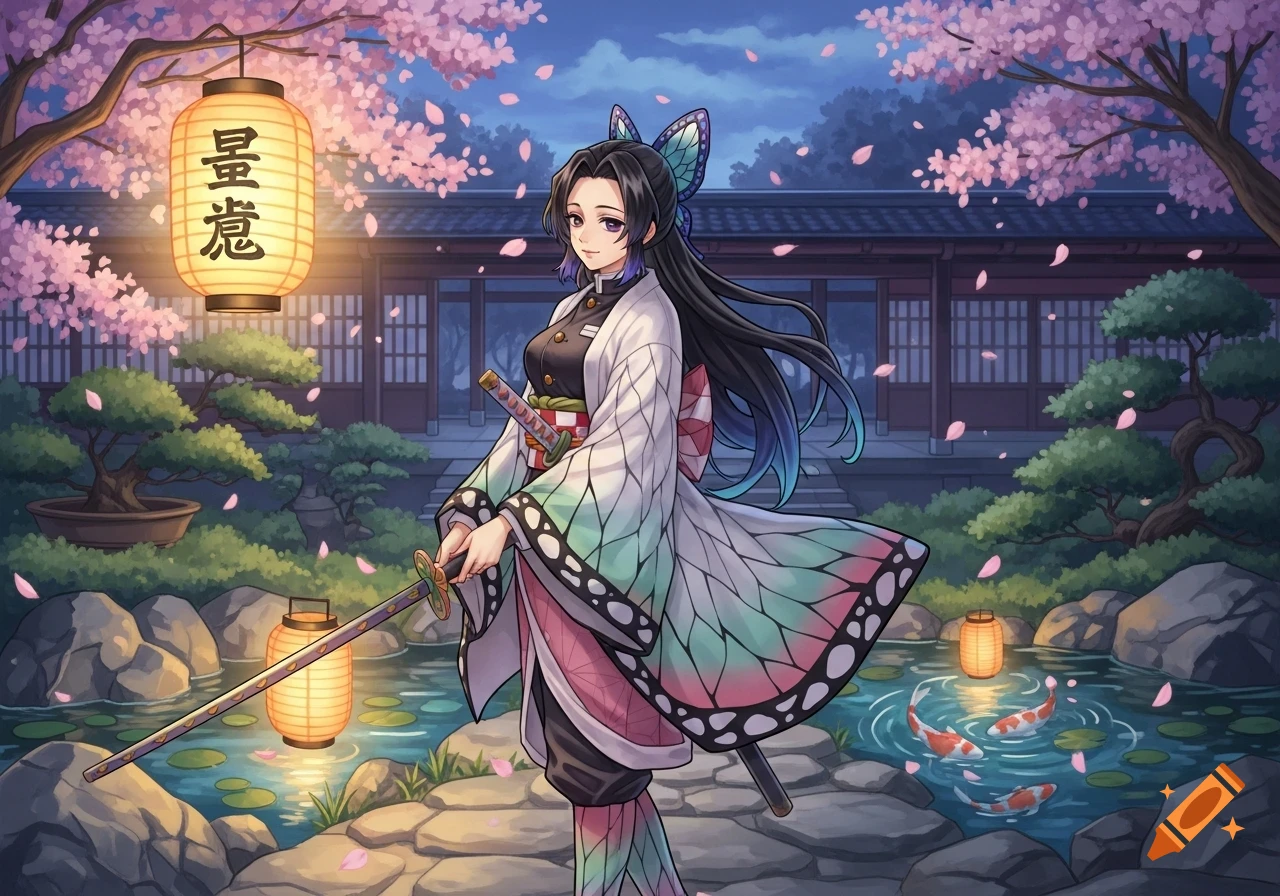 Anime illustration of Shinobu Kocho in a Japanese garden with cherry blossoms and a pond, holding a katana.