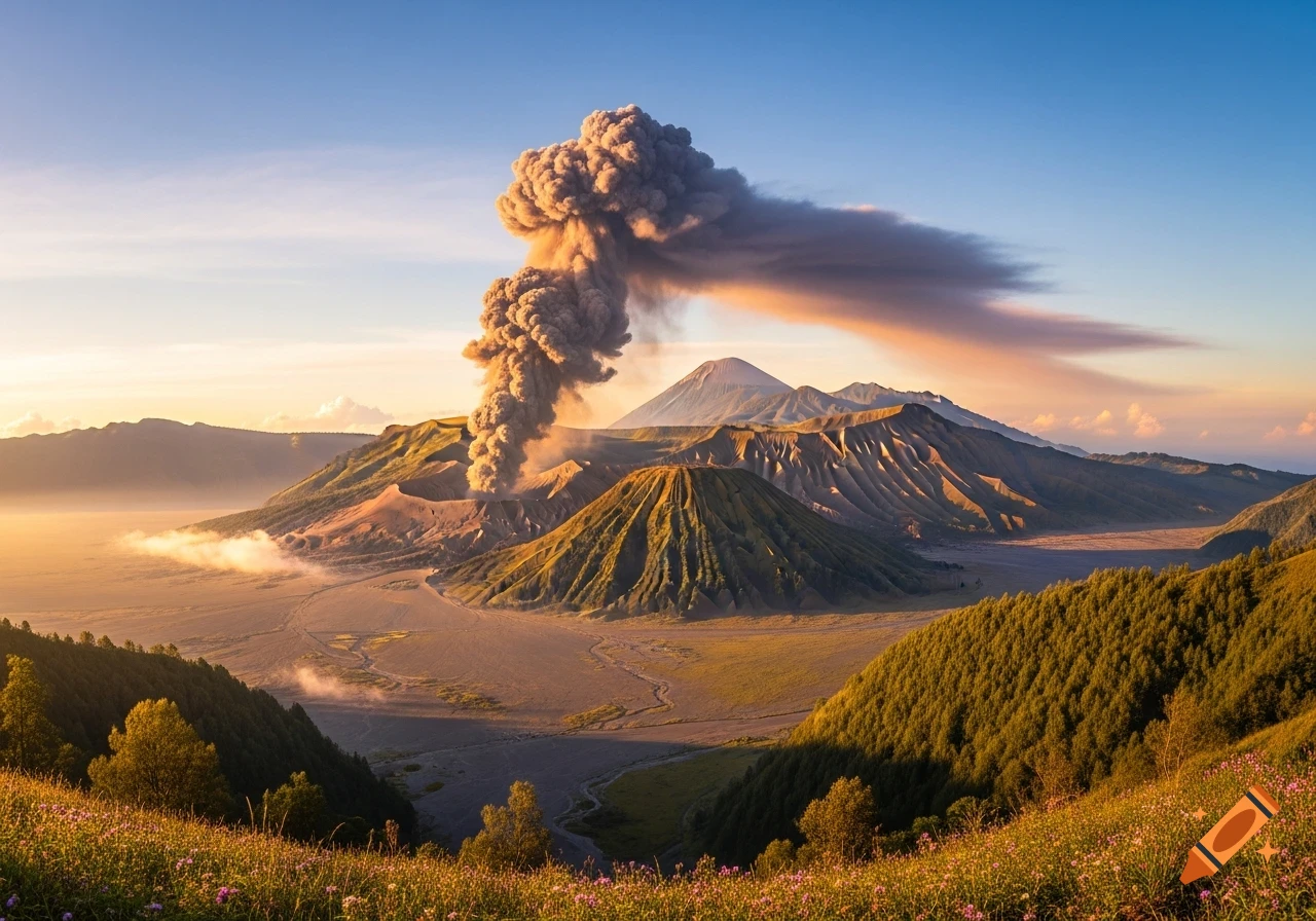 Photorealistic image of Mount Bromo volcano erupting with a large smoke plume, surrounded by mountains and green valleys at sunrise.