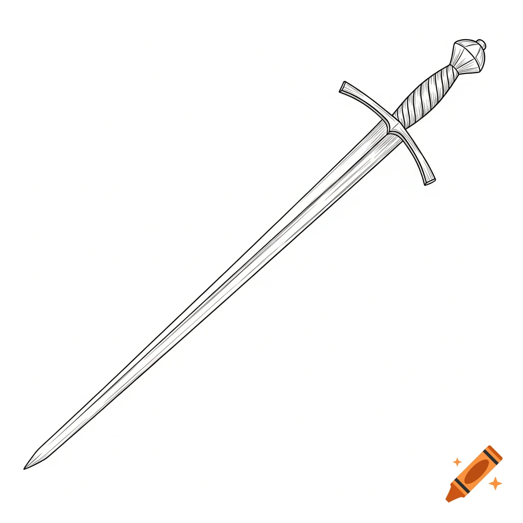 A detailed black and white line drawing of a longsword with a diamond cross-section blade, a long grip, and a lobed pommel.