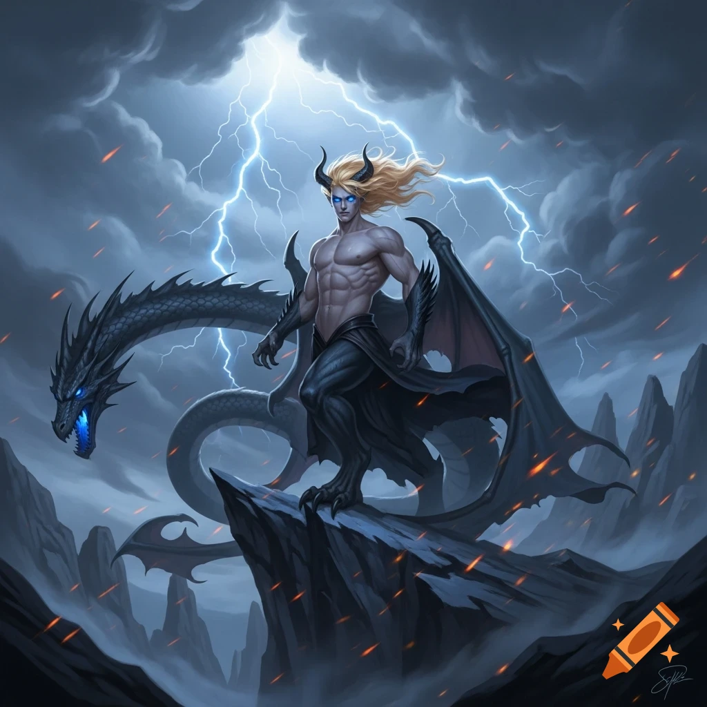 A muscular, horned male demon with blonde hair and blue eyes stands on a rocky peak with a black dragon behind him under a stormy, lightning-filled sky.