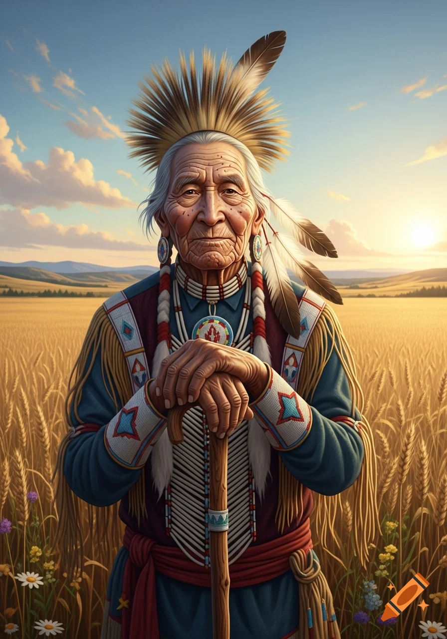 Elderly First Nations man in traditional attire and feather headdress, holding a walking stick in a golden wheat field at sunset. Photorealistic.