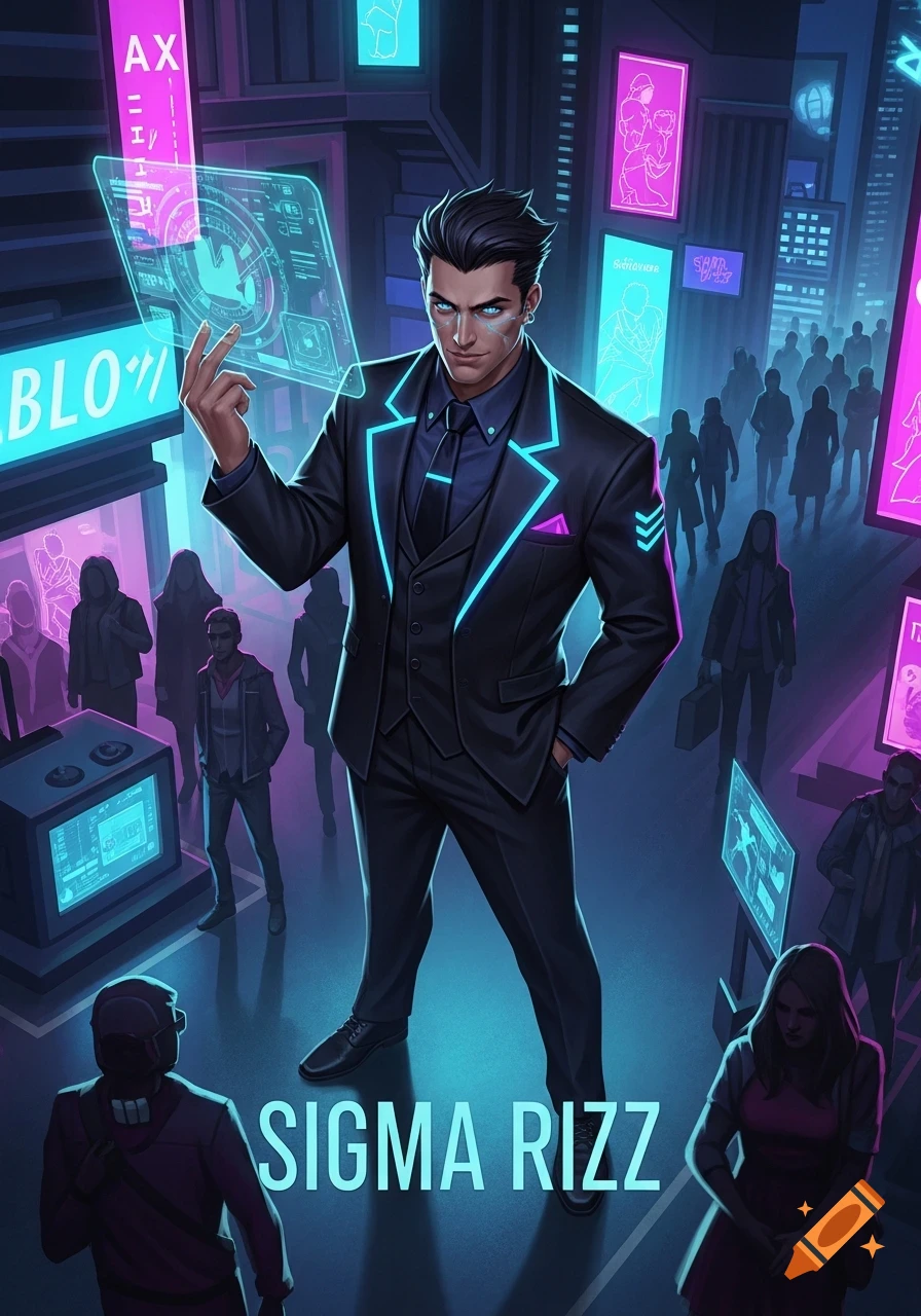 A stylish man with glowing blue eyes in a black suit with neon blue trim holds a holographic screen in a cyberpunk city street at night, with "SIGMA RIZZ" text in the foreground.