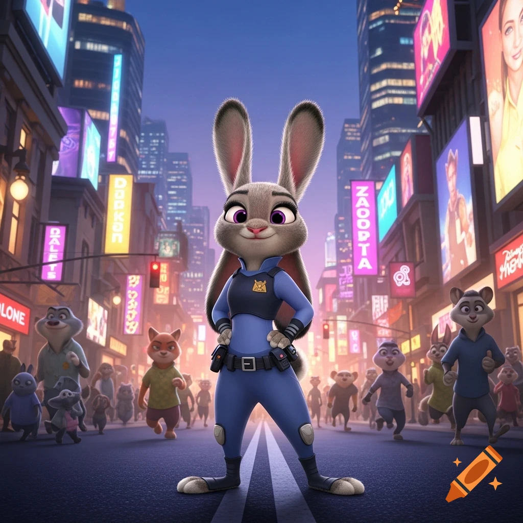 Judy Hopps, a cartoon rabbit police officer, stands confidently in a bustling city street filled with other anthropomorphic animals.
