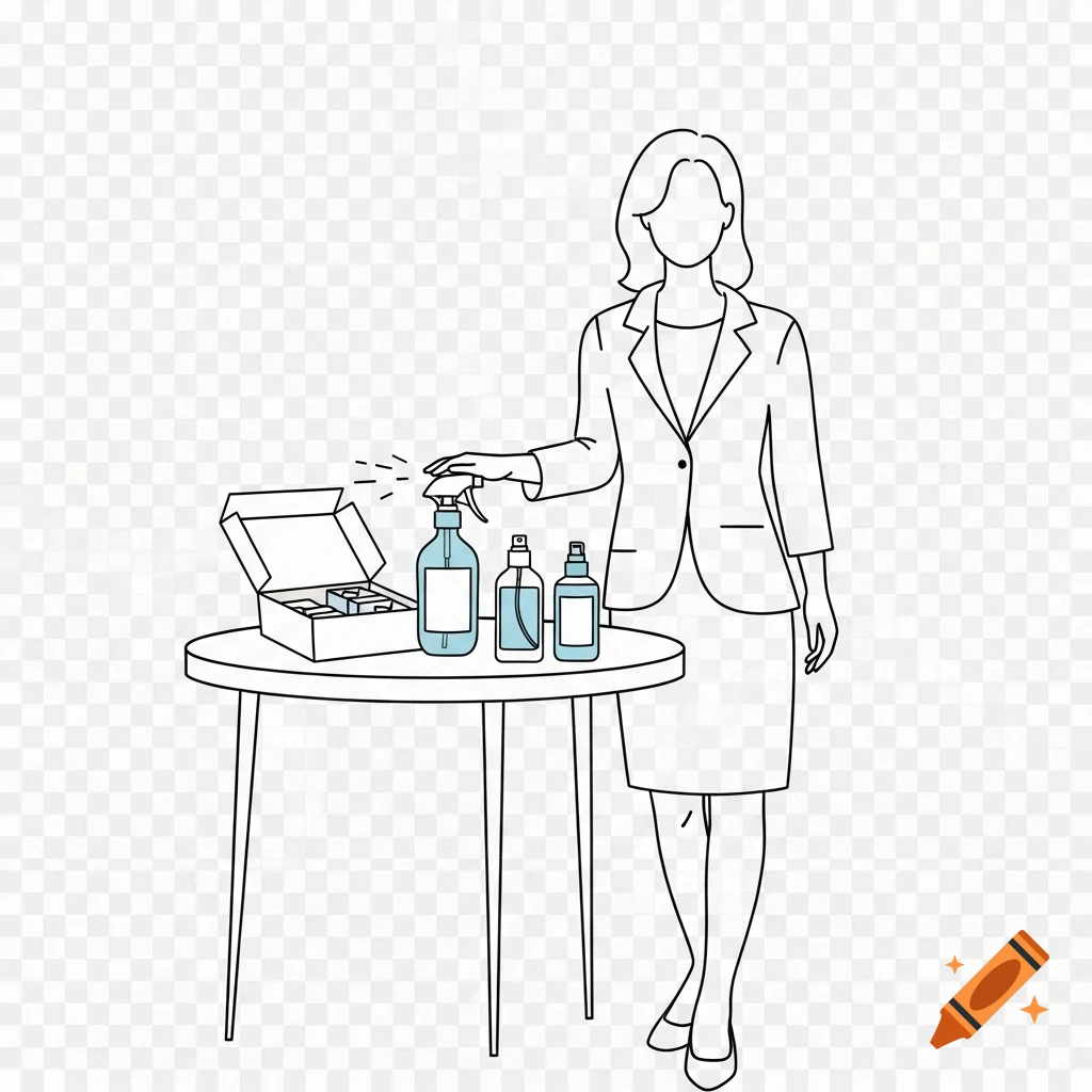 A line art illustration of a woman in a business suit spraying a bottle on a table with an open box and other bottles.