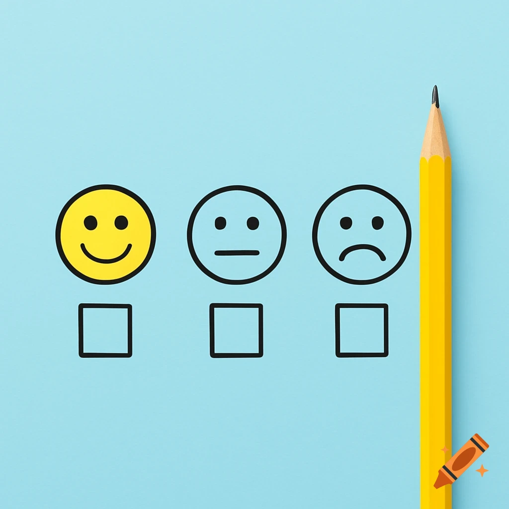 Happy, neutral, and sad face emoticons with checkboxes below them, next to a yellow pencil on a light blue background.