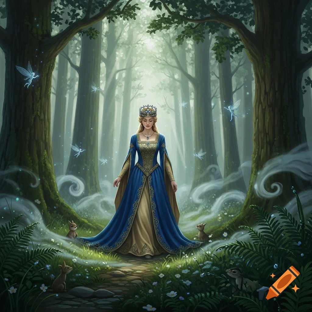 A queen in a blue and gold gown and crown walks through a mystical, misty forest surrounded by glowing fairies and small animals.