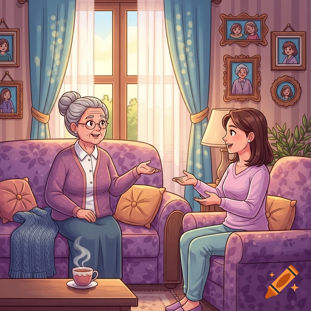 A cartoon of a senior woman and a middle-aged woman sitting on purple sofas, conversing in a cozy living room.