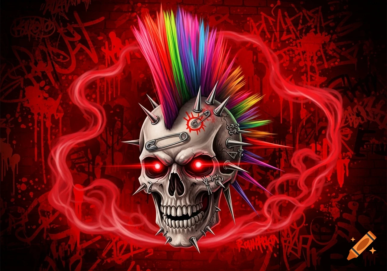 A stylized punk skull with a rainbow mohawk, glowing red eyes, and spikes on a red graffiti-covered background.