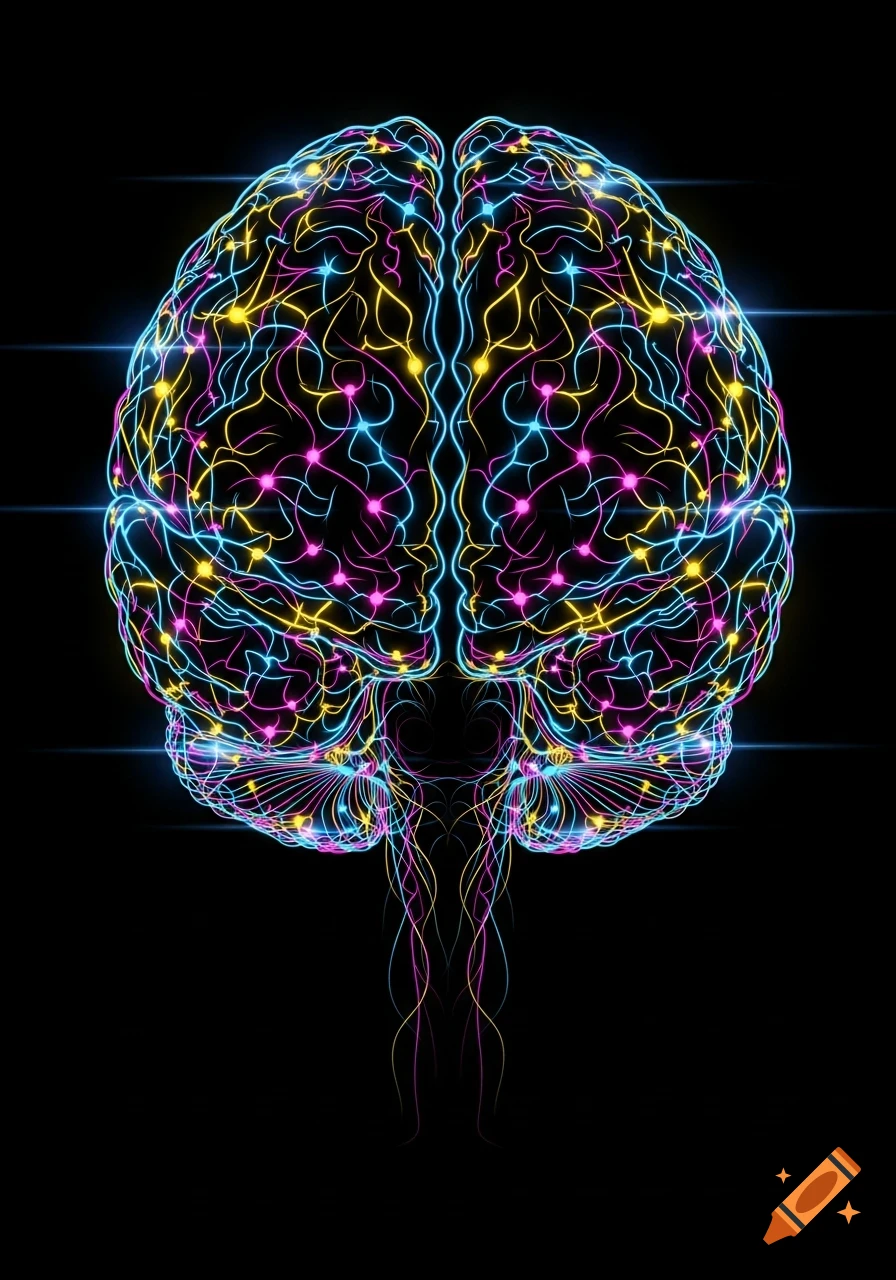 Abstract glowing brain with intricate neon blue, pink, and yellow neural connections on a black background.