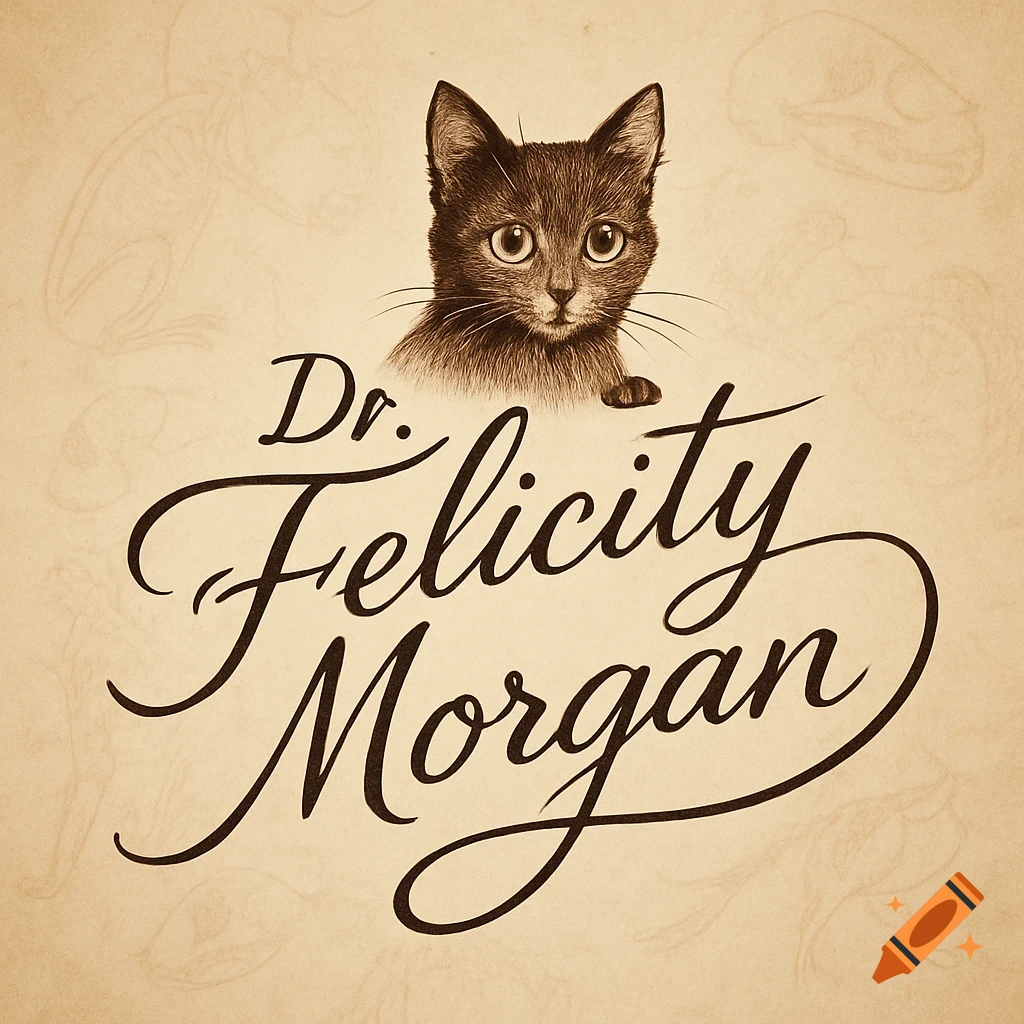 An antique-style illustration of a brown kitten peeking over elegant black calligraphic text 'Dr. Felicity Morgan', with faint skeletal sketches.