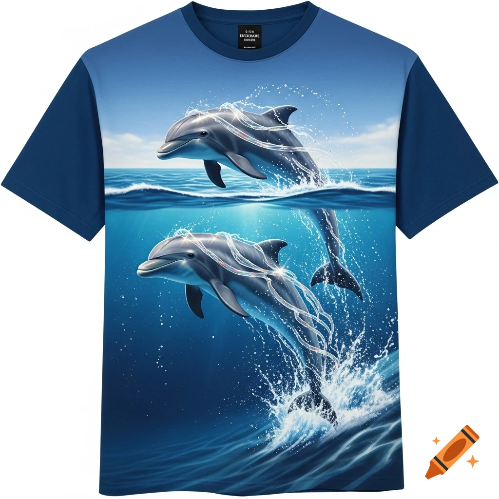 A blue t-shirt featuring two dolphins leaping through the ocean, surrounded by swirling translucent plastic-like tendrils.