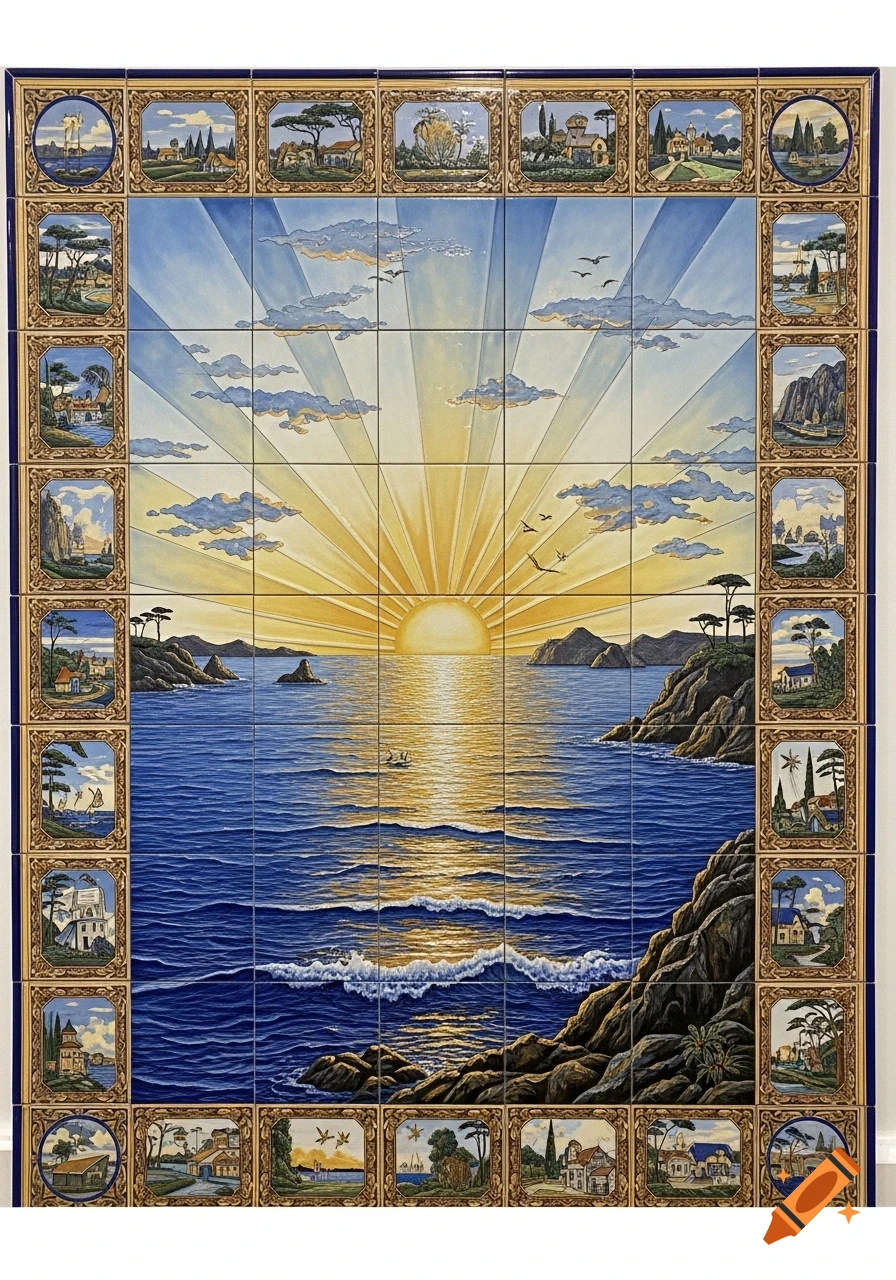 A vibrant tile art mural depicting a sunrise over the ocean with shimmering light on the water, rocky coasts, and framed vignettes.