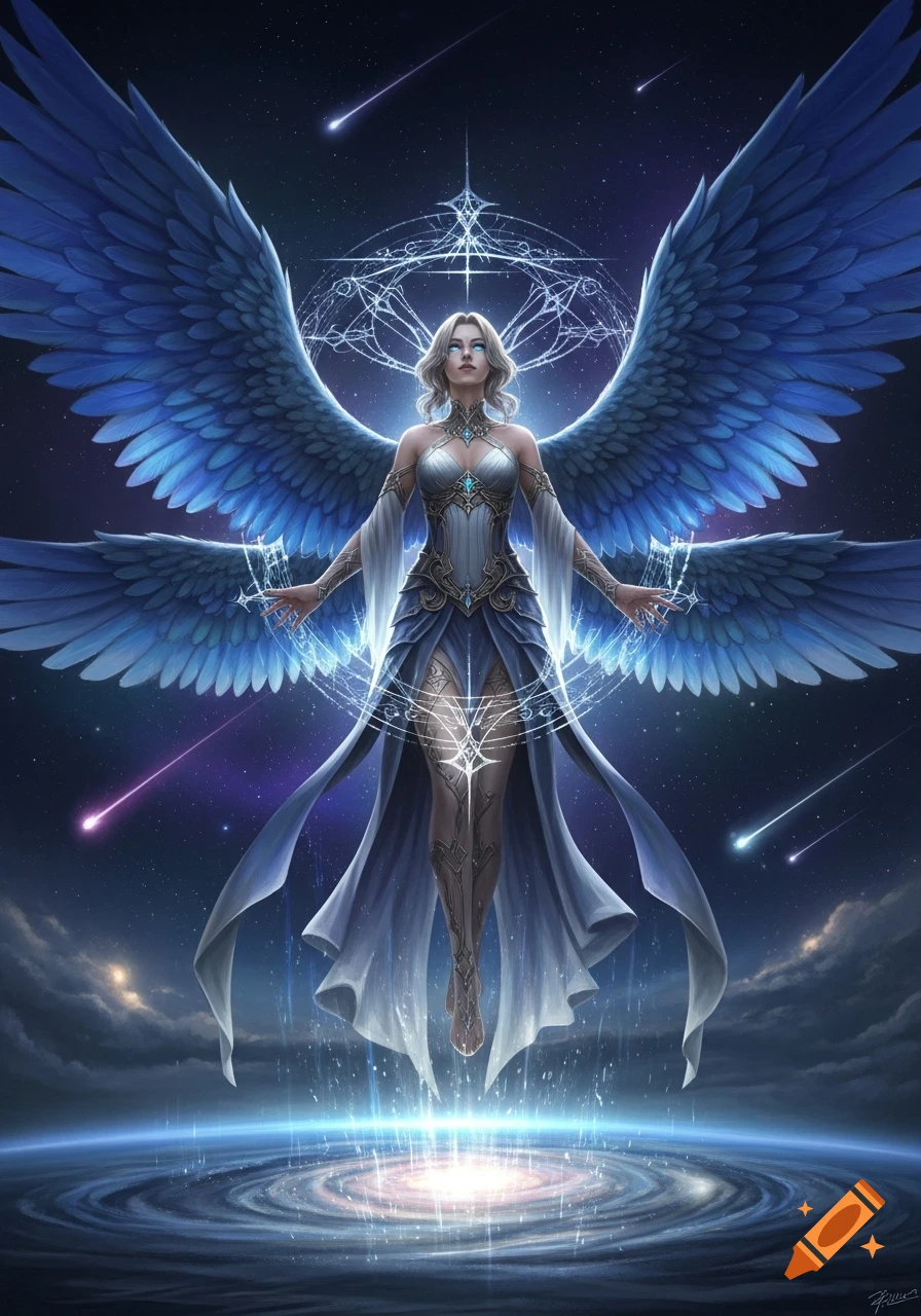 A powerful winged woman with large blue feathers floats above a swirling galaxy, surrounded by a starry sky with meteors. Fantasy digital art.