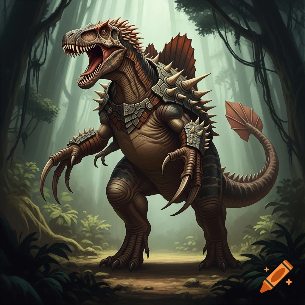A large, aggressive armored dinosaur-like creature stands roaring in a dense, misty jungle.