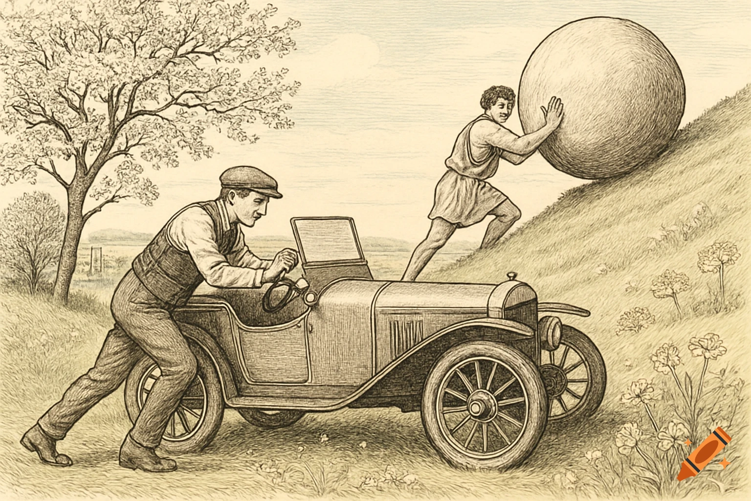 An Edwardian man pushes an antique car up a grassy hill, while an ancient Greek man pushes a large boulder up the same hill, in a line and ink illustration.