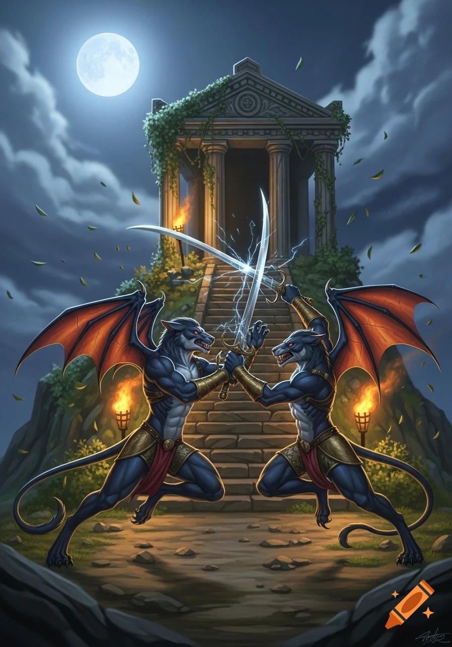 Two winged blue reptilian creatures sword fighting with electric sparks, facing each other before a vine-covered ancient temple under a full moon.