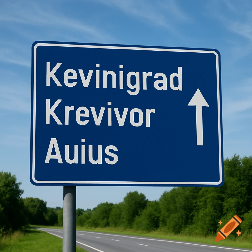A blue motorway sign displaying 'Keviningrad', 'Krevivor', 'Auius' with an upward arrow, set against a highway and trees.