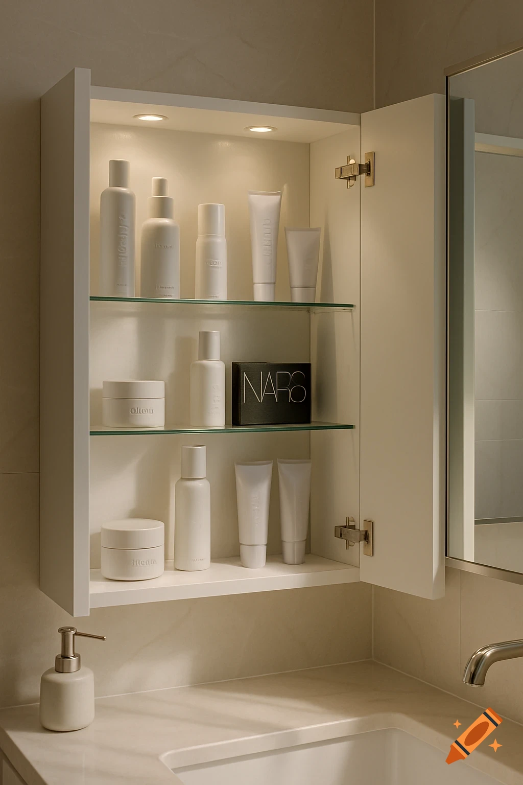A clean, modern bathroom cabinet with an open door, filled with organized white high-end skincare and makeup products, including a black NARS box, above a white sink with a chrome faucet.