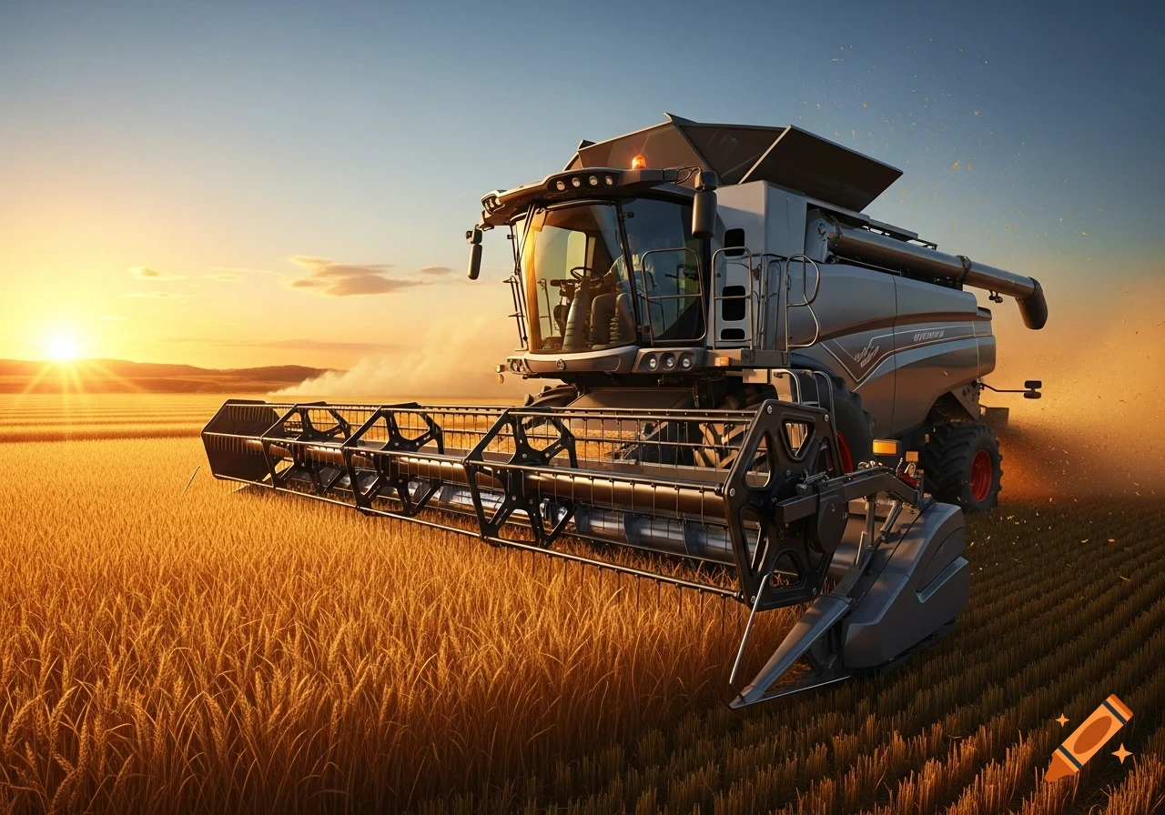 A photorealistic combine harvester works in a golden wheat field during sunset, casting long shadows.