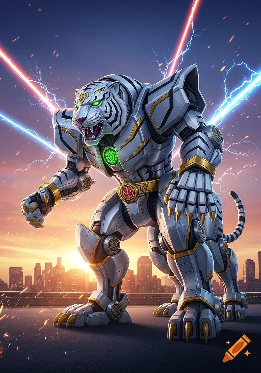 A powerful white tiger zord with green eyes and a glowing emblem stands on a rooftop at sunset, lightning striking in the sky.