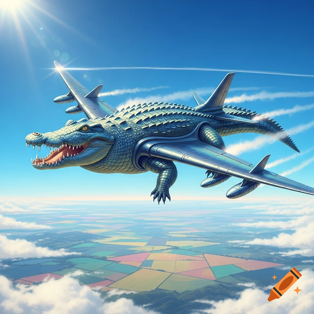 A vibrant, illustrated crocodile-plane flying high in a blue sky above patchwork fields and clouds.