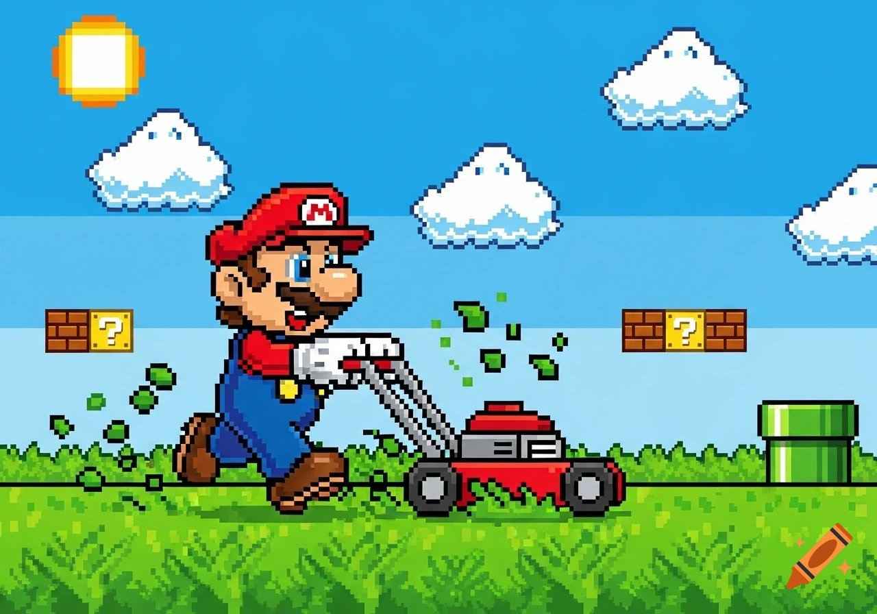 8-bit pixel art of Super Mario cutting green grass with a red lawn mower, under a blue sky with clouds and question mark blocks.